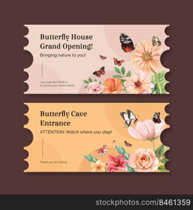 Ticket template with red and orange butterfly concept,watercolor style 