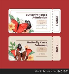 Ticket template with red and orange butterfly concept,watercolor style 