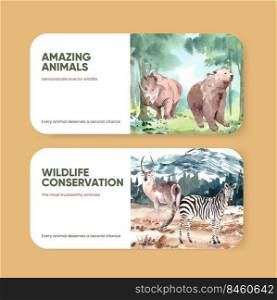 Ticket template with world animal day concept,watercolor sty≤
