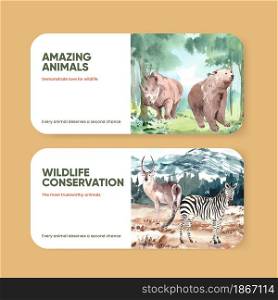 Ticket template with world animal day concept,watercolor style