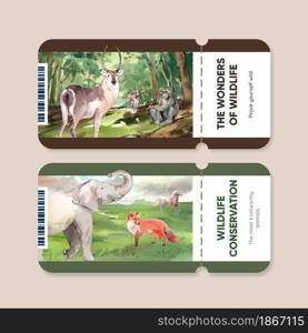 Ticket template with world animal day concept,watercolor style