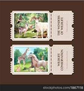 Ticket template with world animal day concept,watercolor style