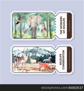 Ticket template with world animal day concept,watercolor style 