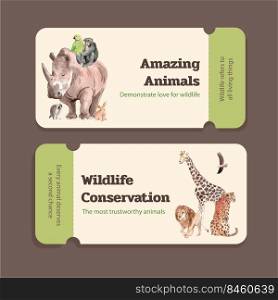 Ticket template with world animal day concept,watercolor style 