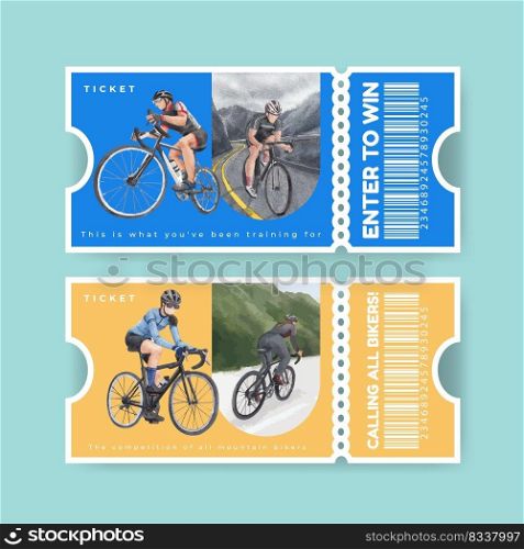 Ticket template with world bicycle day concept,watercolor style 