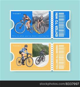 Ticket template with world bicycle day concept,watercolor style 