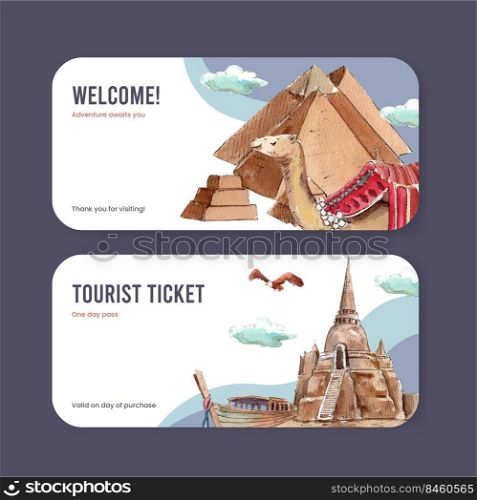 Ticket template with world tourism day concept,watercolor style 