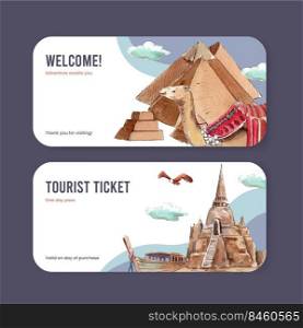 Ticket template with world tourism day concept,watercolor style 