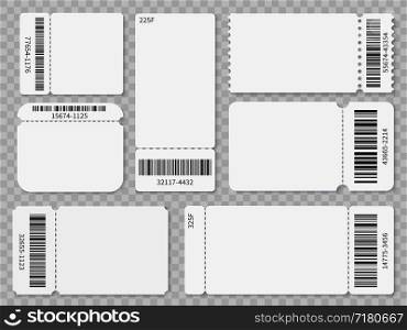 Ticket templates. Blank admit one festival concert theater raffle tickets and coupons with barcode isolated vector set. Concert ticket, coupon with bar code illustration. Ticket templates. Blank admit one festival concert theater raffle tickets and coupons with barcode isolated vector set