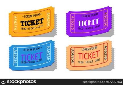 Ticket to performance with date sign vector illustration set isolated on white, Colorful passes to some event, invitation papers in realistic design. Ticket to Performance with Date Sign Vector Set
