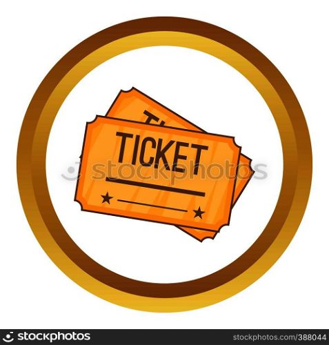Ticket vector icon in golden circle, cartoon style isolated on white background. Ticket vector icon