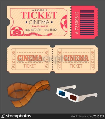 Tickets allowing to see play in theatre vector, admission to cinema hall for watching movies, 3d glasses for special effects and shots in reel isolated set. Theatre and Cinema Ticket with 3d Glasses Stripe