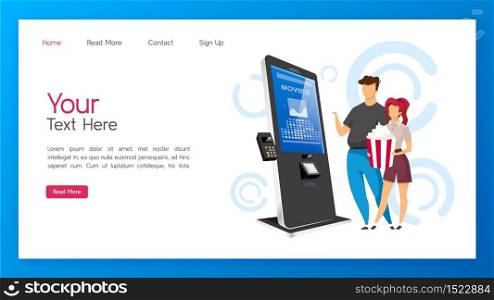 Tickets kiosk landing page vector template. Cinema self service machine website interface idea with flat illustrations. Entertainment paying equipment homepage layout. Modern technology web banner