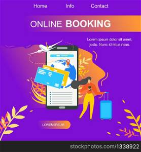 Tickets Online Booking Flat Vector Square Web Banner. Traveling Woman Searching Flight Schedule, Planing Vacation Travel with Mobile Application Illustration. Airline Company Services Landing Page