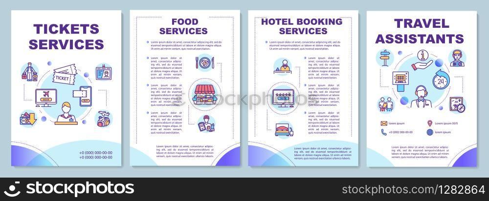 Tickets services brochure template. Travel assistant. Hotel booking. Flyer, booklet, leaflet print, cover design with linear icons. Vector layouts for magazines, annual reports, advertising posters