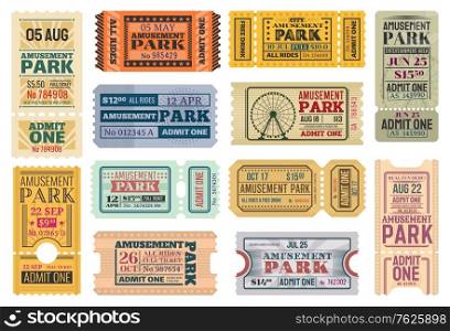 Tickets to amusement park, funfair carnival vector vintage admit coupons. Fun fair amusement park rides tickets to Ferris wheel and roller coaster, kids and family theme park carousel attractions. Tickets to amusement park, funfair carnival admits