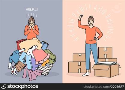Tiding up and packing concept. Stressed frustrated girl with messy much clothes asking for help and strong one feeling positive with packed boxes vector illustration . Tiding up and packing concept