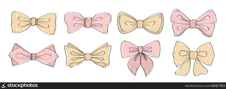 Tie bow color vector illustration in doodle style. Hand drawn ribbon for fashion, app, web. Vinage neck bow for wedding.. Tie bow color vector illustration set in doodle style. Hand drawn ribbon for fashion, app, web. Vinage neck bow