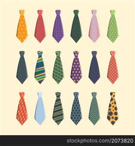Ties collection. Colorful business scarf for man garish vector different ties set. Professional necktie formal, tie neck textile collection illustration. Ties collection. Colorful business scarf for man garish vector different ties set