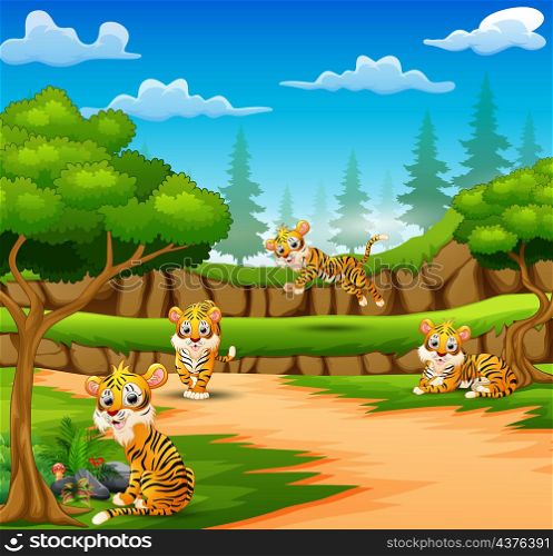 Tiger cartoon are enjoying nature in the forest