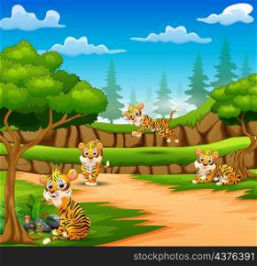 Tiger cartoon are enjoying nature in the forest