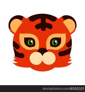 Tiger Cat Carnival Mask Striped Orange Brown Beast. Tiger animal carnival mask vector illustration in flat style. Striped orange and brown tiger beast. Funny childish masquerade mask isolated. New Year masque for festivals, holiday dress code for kids