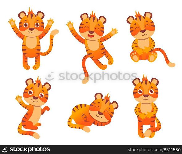 Tiger character in different poses vector illustrations set. Cute funny wild animal cartoon character smiling and waving, symbol of 2022 on white background. Wildlife, nature, New Year concept
