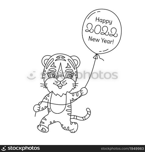 Tiger character with balloon line sketch. Cartoon Chinese New year 2022 horoscope. Animal symbol outline vector illustration
