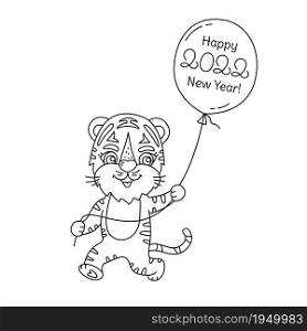 Tiger character with balloon line sketch. Cartoon Chinese New year 2022 horoscope. Animal symbol outline vector illustration