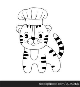 Tiger chef with a hat sketch. Cartoon black and white illustration. Chinese New year 2022 horoscope. Animal symbol color vector.