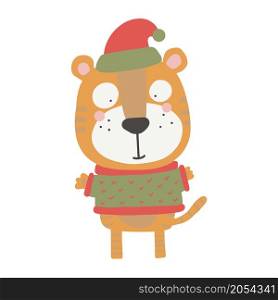 Tiger, Christmas cat. Cute animal in a hat and sweater. Children&rsquo;s print for the nursery in the Scandinavian style. Ideal for children&rsquo;s posters, postcards, clothing. Cartoon vector illustration. Tiger, Christmas cat. Cute animal in a hat and sweater. Children&rsquo;s print for the nursery in the Scandinavian style.