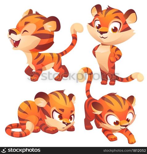 Tiger cub cute cartoon character hunting, slink and roar. Funny animal mascot stand with arms akimbo. Kawaii wild baby kitten with smiling muzzle and striped skin, Vector illustration, isolated set. Tiger cub cute character hunting, slink and roar.
