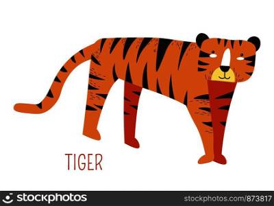 Tiger from jungle cartoon book childish character. Wild animal from rainforest picture from fairy tale for kids. Predator with stripes and specieas name sign isolated flat vector illustration.. Tiger from jungle cartoon book childish character