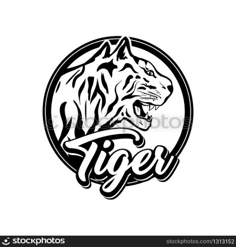 Tiger hand drawn logotype vector template. Black and white monochrome predator head in round frame with lettering. Aggressive wildcat head illustration isolated on white background. Insignia design. Tiger vector logotype template. Black and white monochrome predator head