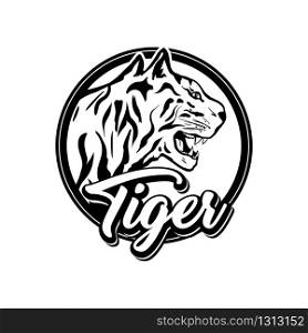 Tiger hand drawn logotype vector template. Black and white monochrome predator head in round frame with lettering. Aggressive wildcat head illustration isolated on white background. Insignia design. Tiger vector logotype template. Black and white monochrome predator head