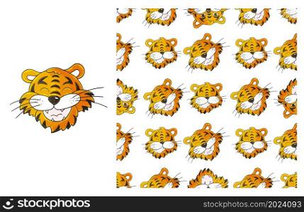 Tiger head. Cute Set of element and seamless pattern. Ideal for children&rsquo;s clothing. Can be used for fabric and etc. Cute Set of element and seamless pattern. Ideal for children&rsquo;s clothing