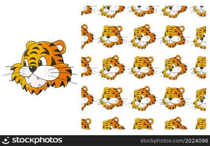 Tiger head. Cute Set of element and seamless pattern. Ideal for children&rsquo;s clothing. Can be used for fabric, wrapping paper and etc. Cute Set of element and seamless pattern. Ideal for children&rsquo;s clothing