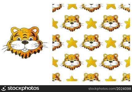 Tiger head. Cute Set of element and seamless pattern. Ideal for children&rsquo;s clothing. Cute Set of element and seamless pattern. Ideal for children&rsquo;s clothing