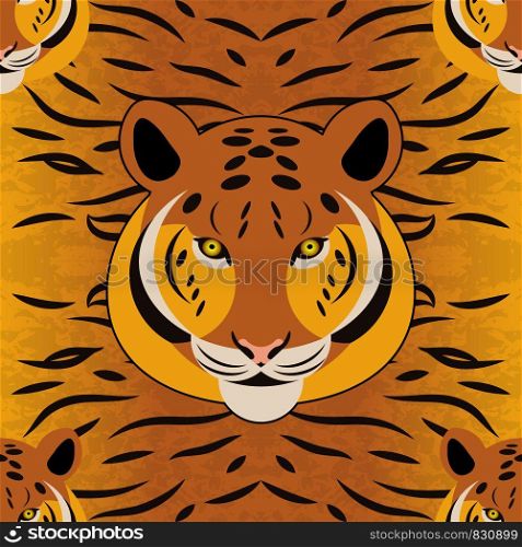 Tiger. Head, fur texture. Seamless pattern. Cartoon style. Tiger. Head, fur texture. Seamless pattern
