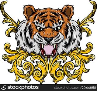 Tiger head tattoo in vintage baroque style of illustration