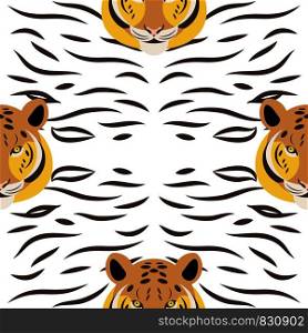 Tiger. Head, Tiger strips, white background. Seamless pattern. Cartoon style. Tiger. Head, Tiger strips, white background. Seamless pattern