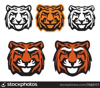 Tiger head vector icons, wild predatory cat mascot. Bengal tiger face of hunting, sport and zoo symbol design, Indian carnivorous mammal wildcat with orange fur, black and white stripes. Bengal tiger mascot, wild cat head icons