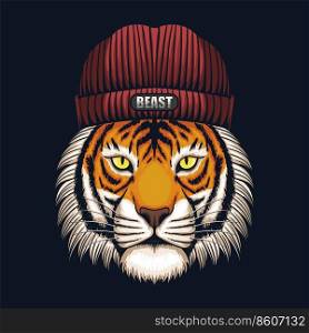 Tiger head wearing beanie hat vector illustration