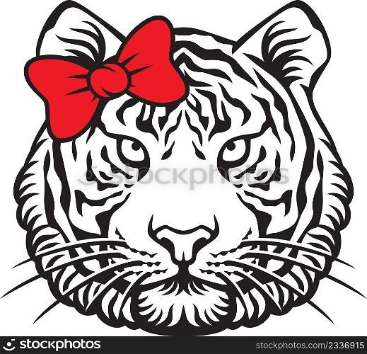 Tiger head with red bow vector illustration