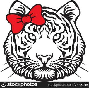 Tiger head with red bow vector illustration
