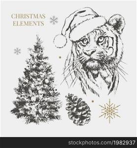 Tiger in Christmas hat. Print on a postcard or poster. Vector illustration. Holiday card. New Year&rsquo;s and Christmas. Santa. Tiger in Christmas hat. Print on a postcard or poster. Vector illustration. Holiday card. New Year&rsquo;s and Christmas. Santa Claus.