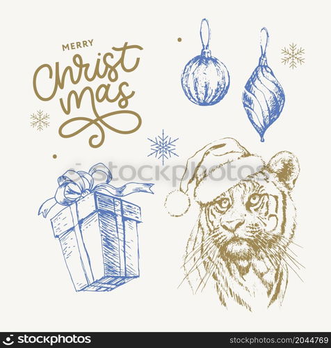 Tiger in Christmas hat. Print on a postcard or poster. Vector illustration. Holiday card. New Year&rsquo;s and Christmas. Santa. Tiger in Christmas hat. Print on a postcard or poster. Vector illustration. Holiday card. New Year&rsquo;s and Christmas. Santa Claus.