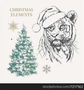 Tiger in Christmas hat. Print on a postcard or poster. Vector illustration. Holiday card. New Year&rsquo;s and Christmas. Santa. Tiger in Christmas hat. Print on a postcard or poster. Vector illustration. Holiday card. New Year&rsquo;s and Christmas. Santa Claus.