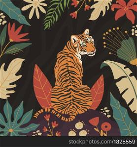 Tiger in the jungle card poster, hand drawn floral foliage illustrations.