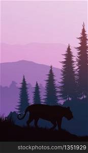 Tiger in the natural forest. Wild animals. Mountains horizon hills silhouettes of trees. Evening Sunrise and sunset. Landscape wallpaper. Illustration vector style. Colorful view background.